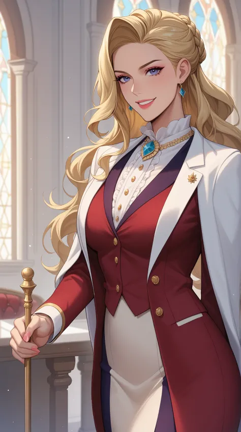 Young female, dressed in luxurious and elegant uniform, background of an elite private academy, aristocratic aura, blonde or dark brown long hair, haughty and confident expression, face showing a cold smile or disdain, elegant yet oppressive posture, holdi...