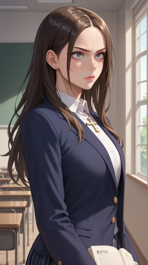 Young female,wearing school uniform, background of an academic classroom or discussion room, long hair, possibly black or dark brown, neat and formal school attire, confident expression with a hint of playfulness or wit, slender figure, sharp eyes, an inte...