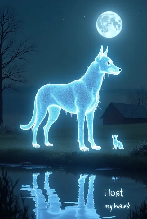 


**"I Lost My Bark" – Mystical Dog Concept:**

- **Main Subject**: A glowing, ethereal dog, its form transparent with glowing lines of energy coursing through its body, giving it a spectral, otherworldly look. The dog stands in a noble pose, but with a s...