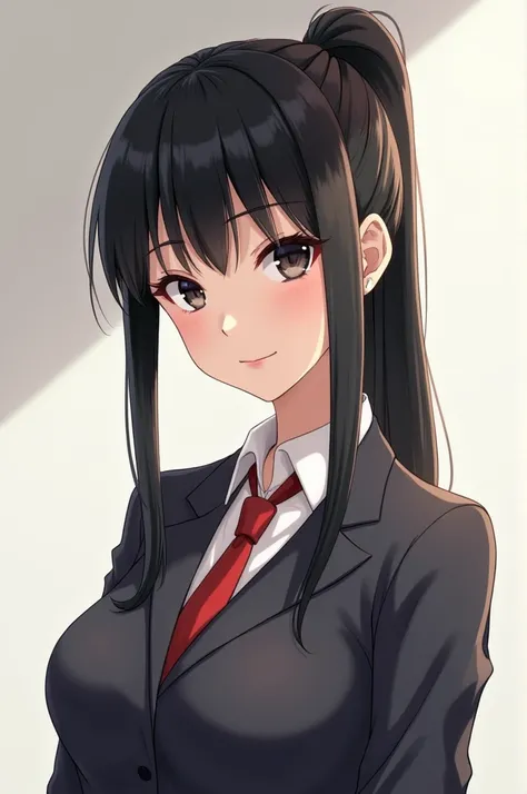 Japanese girl,  tall with straight black hair in a high ponytail,  striking black eyes , stunning look ,  Dressed in school uniform ,  smiling for the camera ,  .  realistic . 