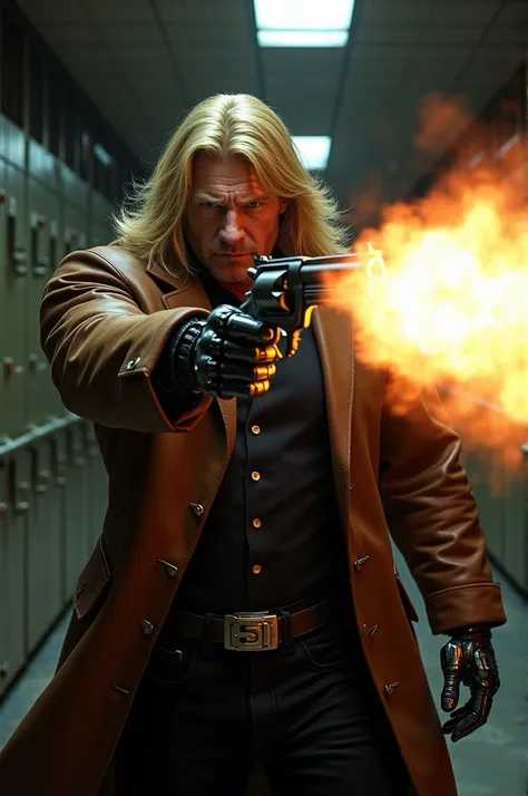 make a strong and muscular man, Long-haired blonde , robotic hands,  Dressed in a muscular brown leather overcoat ,  black dress shirt with buttons black pants ,  aimed at a silver Magnum 44 revolver , Shooting on the fourth wall,  shooting fire being expe...