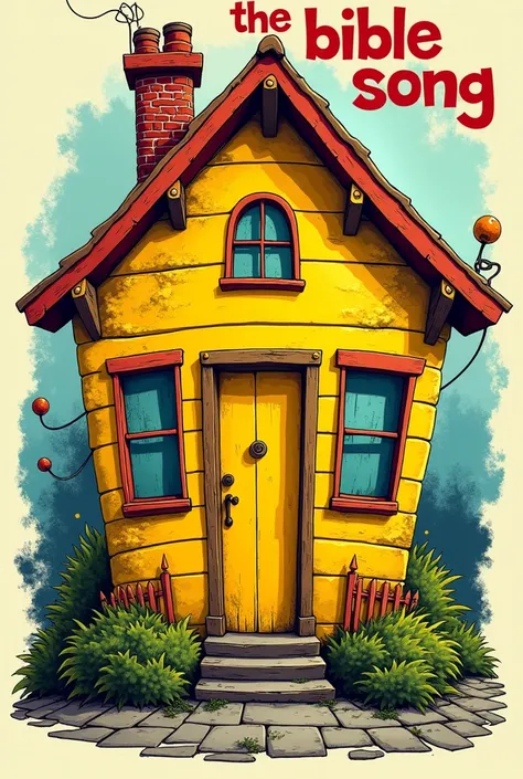 Print for t-shirt with a yellow house,  with a central door and two windows , And a title on top  "The bible sung " 3d cartoon style, graffiti.