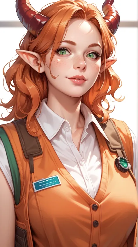 Portrait of an adult dragon, mature, looking at the camera, long messy ginger orange hair, wears assault vest, pale skin with freckles, green eyes with slit vertical pupils, with big red dragonic horns, pointy ears. anime art style 