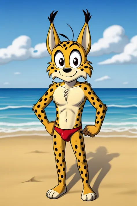 Lynx cartoon guy full length slim skinny in red speedo on the beach with a happy face striped tail