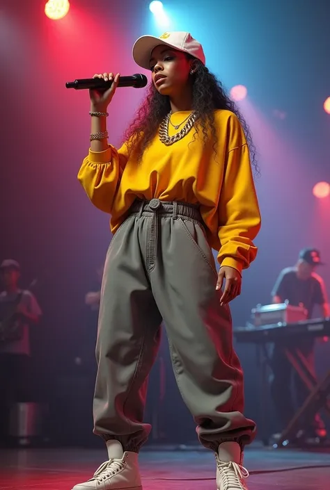 Hip-hop girl, music, concert music, hip-hop outfit, rapper girl, yellow overzised shirt, overzised grey pants,belt waist, white sneakers, microphone, holding a microphone both hands, white cap, hat, golden chain in neck, 