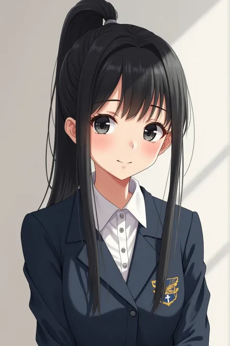 Japanese girl,  tall with straight black hair in a high ponytail,  striking black eyes , stunning look ,  Dressed in school uniform ,  smiling for the camera ,  .  realistic . 