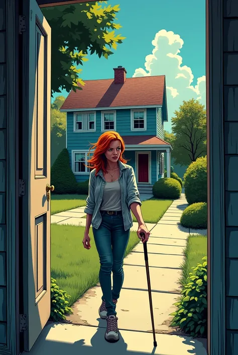 dans le style de BD, Create a blind redheaded woman who stopped in front of her house because she hears noise inside