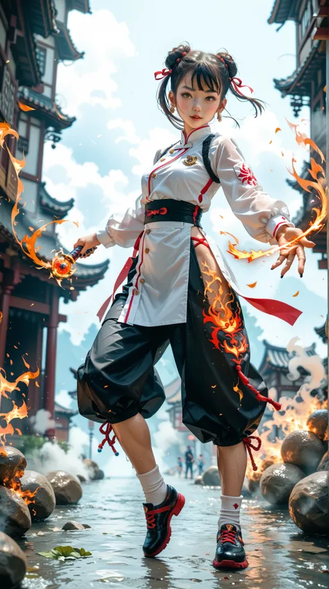   black nails  ，（  Dark black lines are clearly visible），（sunburned skin  ）、（ oily skin ）、（steam）， panoramic，full body shot，Chunli， Combat Pose，施展小火球之術，Execute Small Fireball Spell to attack the other party 
