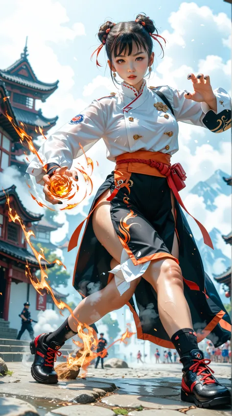   black nails  ，（  Dark black lines are clearly visible），（sunburned skin  ）、（ oily skin ）、（steam）， panoramic，full body shot，Chunli， Combat Pose，施展小火球之術，Execute Small Fireball Spell to attack the other party 
