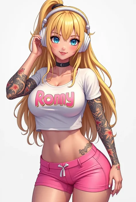 I want a 3d anime logo of a sexy blonde with tattoos on her arms, sky blue eyes with a low-cut t-shirt, busty pink short shorts and tight pink shorts, white headphones that say the name Romy in Spanish with letters with frost gold and pink 