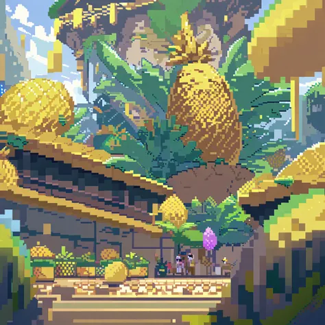 a big and yellow pineapple in the center of the world in pixelart, cinematic, 4k