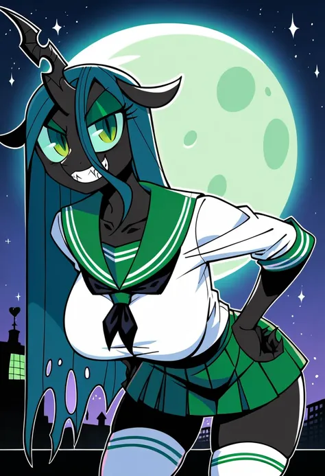 uploaded on e621, score_9, score_8_up, score_7_up, score_6_up, BREAK source_anime, solo, female, queen chrysalis mlp, arthropod, changeling, anthro, black body, green-eyes, green long hair, big large breasts, white serafuku, schoolgirl, green sailor collar...