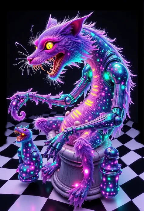  Alice in Wonderland characters as oversized, ornate chess pieces, frozen in mid-move, on a massive, translucent, black and white checkered board that seems to dissolve into the surrounding air, the Cheshire Cats mischievous, fluorescent grin hovering abov...