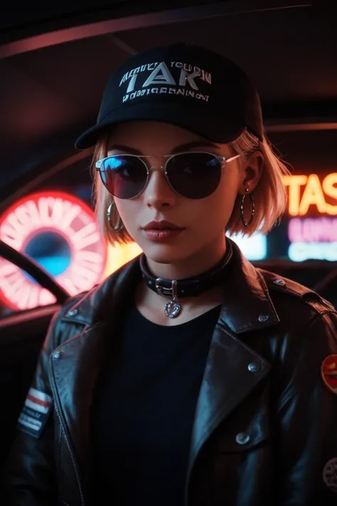  Close plane of the feet , Alternative girl,  looking over black sunglasses, jacket, collar,  reflections of neon light on the skin, earring, make-up,  skin imperfections ,  short hair , cap, neon light background , low light,  depth of field,  ,  high con...