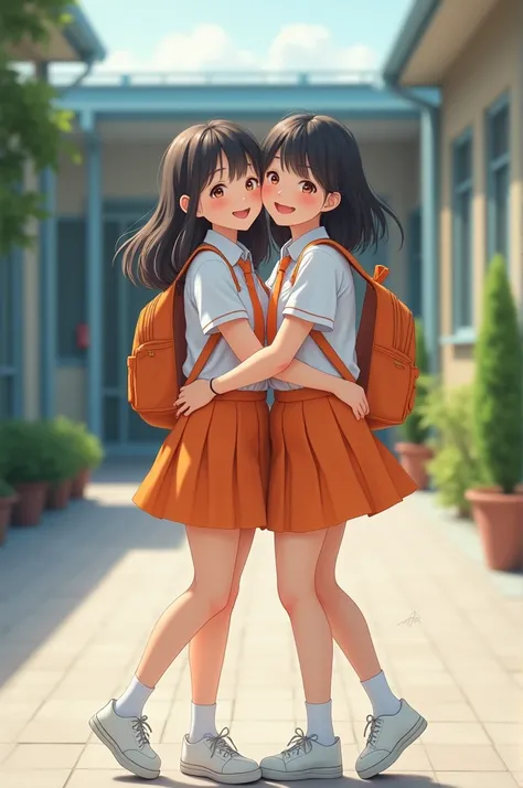 Raw photo, two beautiful teen schoolgirls, both warmly hugging eachother in a school walkway in a joyful happy mood, wearing white frocks and orange color ties, white shoes, with school backpacks, professional photographer, (hdr:1.4), masterpiece, ultra-re...