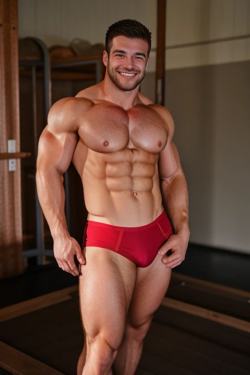 Realistic, handsome Man, gymnast build, full body portrait, shirtless, Pectoral Focus, round muscular pecs, very hairy chest, dark curly chest hair, strong arms, tall, hairy legs, wearing a molded red thong, barefoot, indoor, standing on exercise mat, empt...