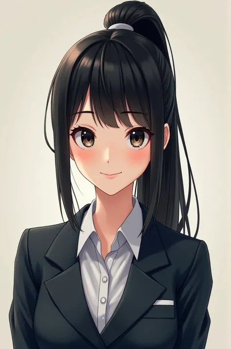 Japanese girl,  tall with straight black hair in a high ponytail,  striking black eyes , stunning look ,  Dressed in school uniform ,  smiling for the camera ,  .  realistic . 