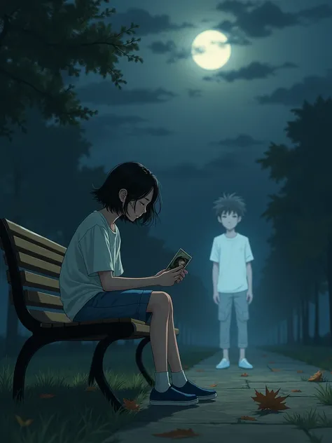 "A melancholic scene of an Asian teenage girl sitting on one end of a park bench under a dimly lit streetlamp at night. She clutches an old photograph, her face filled with sadness and longing. On the other end of the bench fades a ghostly yet handsome tee...