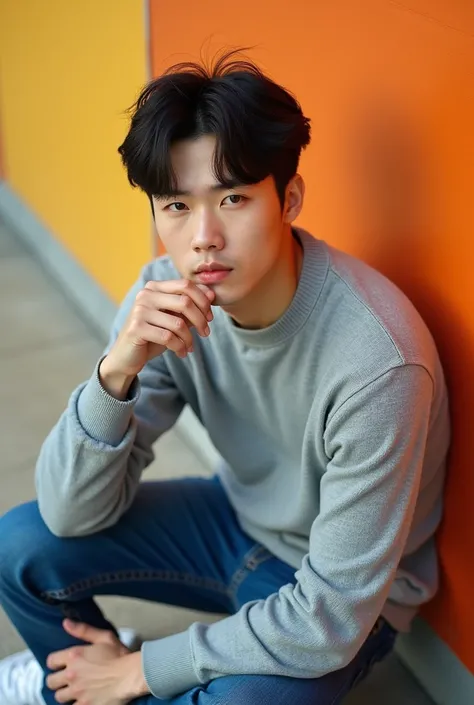 A Korean man in his 30s,  hair blown in the wind ,  wears ash sweater wear blue jeans wear white sports shoes, sitting pose ,  background colorful wall color , image taken from the top corner of the camera , color tones 