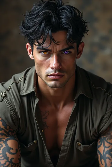 muscular young man with black hair, handsome, You have a purple eye and an orange eye, He has several tattoos, He wears a medieval costume with a shirt