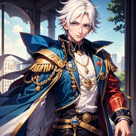 BOY WITH WHITE HAIR,  blue eyes, Extremely handsome in prince clothes,  ultra extreme quality  