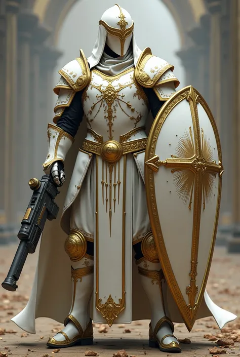  Male clergyman wearing a helmet and white and gold armor with a large shield with a round gun