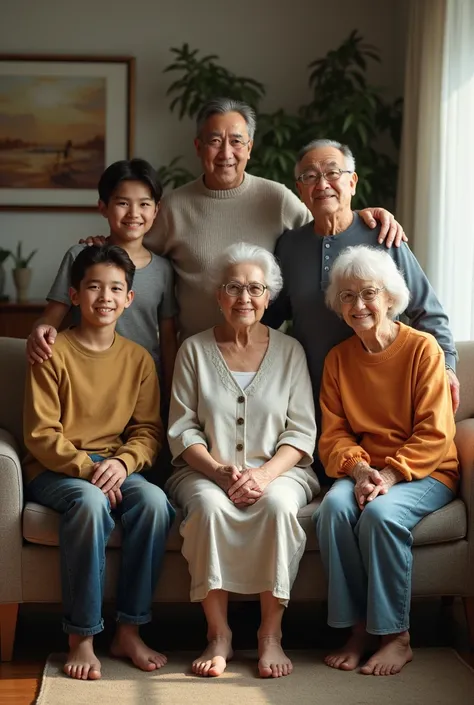  

 Generate a real photo of a full body family shot of 7 people adult ren
dad: From 80 years old to the center behind mom 
39 year old mom :  under dad sitting in a chair
Brother Varon:  of 40 years old on dads left side 
78-year-old female sister 2 :  on...