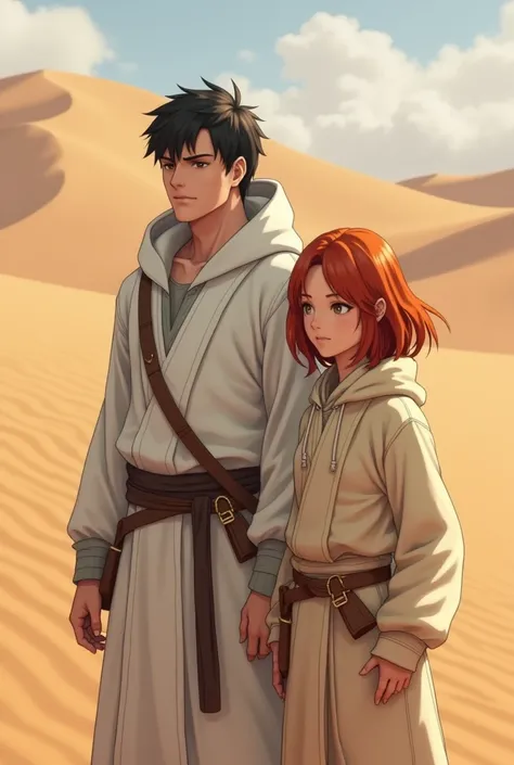 Medium size white male with short black hair wearing white hooded Robe in the desert realistic with red headed female wearing Beige hoodie 