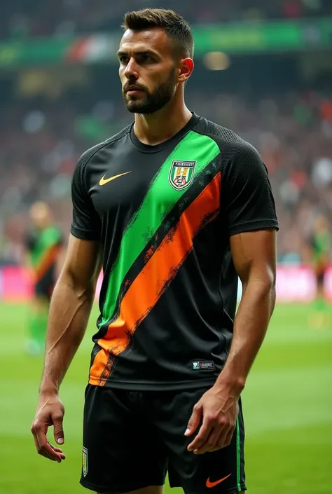 Game uniform with the colors black, green and orange 