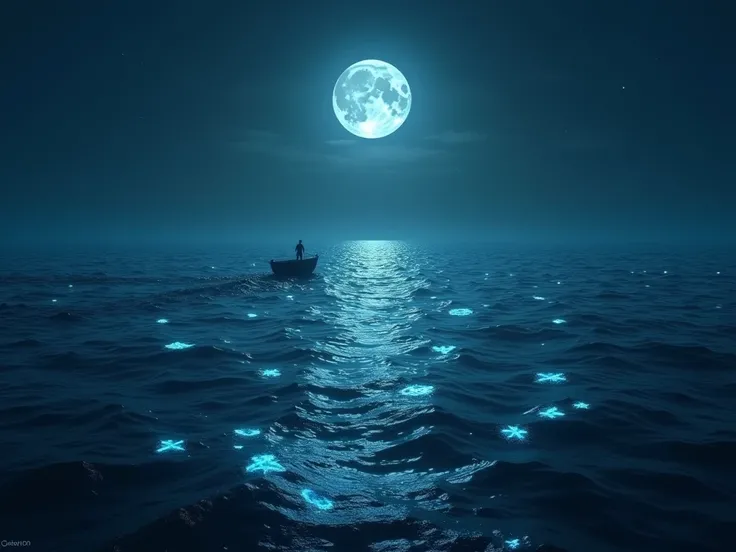 A vast ocean under a full moon, with glowing ripples that form abstract symbols as they spread outward. In the distance, a small boat with a single figure moves toward the horizon, guided by the light of the moon.