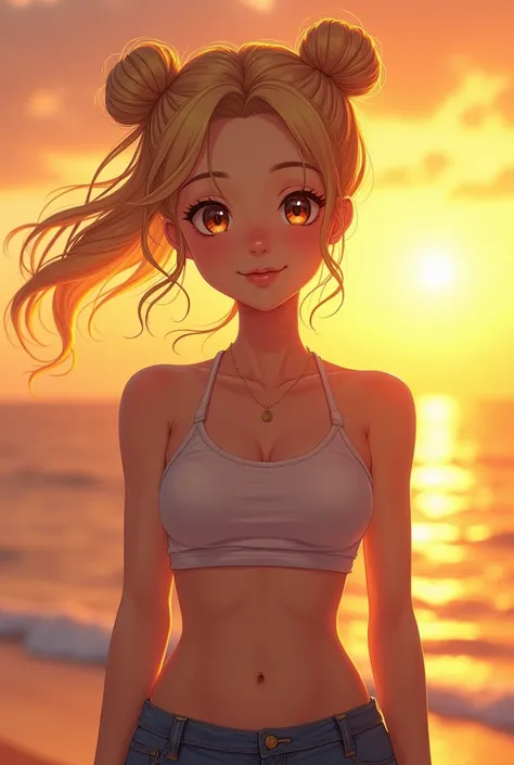 Blonde hair space buns brown eyes older teen girl cute pretty golden hour anime tight clothes lithe frame