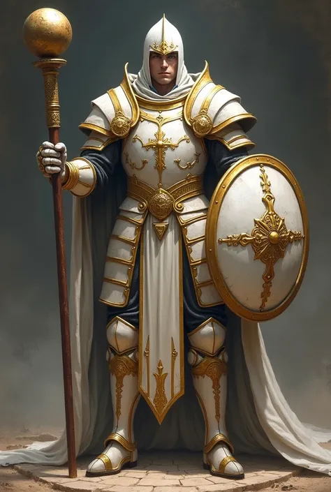  Male clergyman with closed helmet and white and gold armor with a large shield with a round club