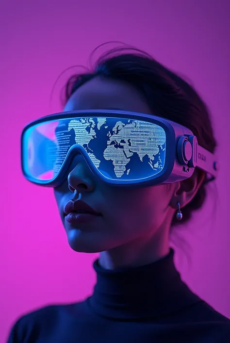 create an image of translator lenses ,  who has a text globe showing that they are translating another language,  with a purple background but that does not show the face of a person 
