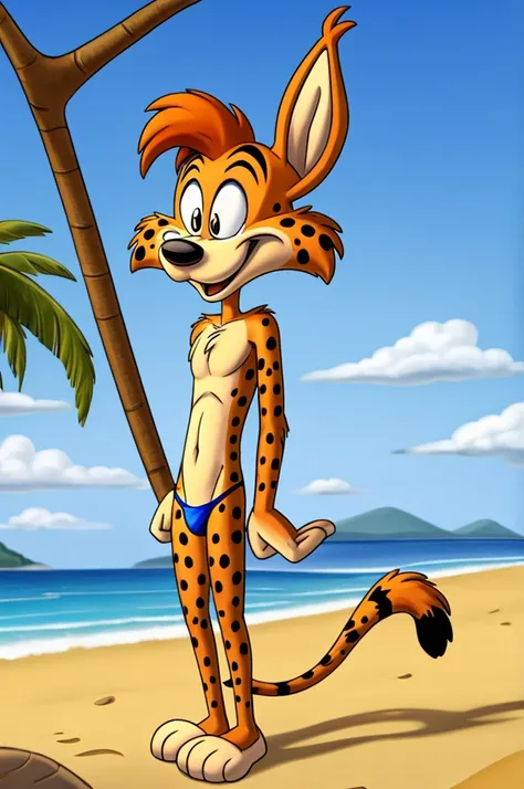 Lynx cartoon guy full length slim skinny in red speedo on the beach with a happy face striped tail