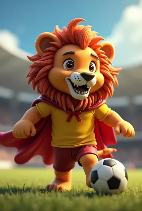   a cartoon lion dressed as a soccer player with a cape,  concept art inspired by Ferdinand Knab  , dribble, Digital Art,  2 by the full-body lion , Aslan the Lion, king of the jungle, football mascot, lion body,  lionardo davinchi , , 3d animated film, Lo...