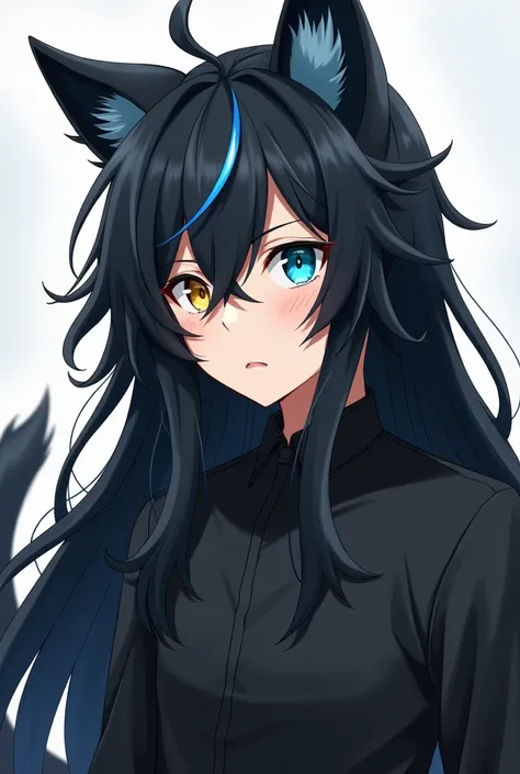 /imagine a human, man , long black hair, wolfs ears behind the hear, heterochromia, left yellow normal eye, right cyan normal eye, anime style black tail