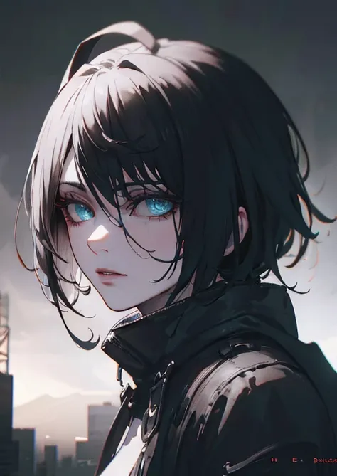 a girl with short hair, beautiful detailed eyes, beautiful detailed lips, extremely detailed face, longeyelashes, cute expression, city background, neon lights, cyberpunk aesthetic, dark color scheme, moody lighting, dramatic atmosphere, (best quality,4k,8...