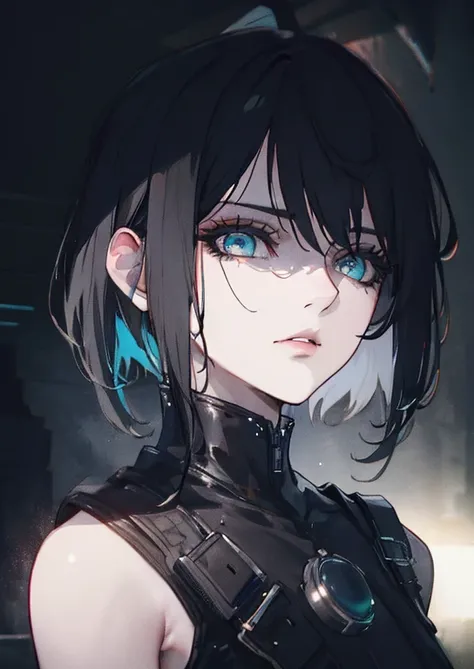 a girl with short hair, beautiful detailed eyes, beautiful detailed lips, extremely detailed face, longeyelashes, cute expression, city background, neon lights, cyberpunk aesthetic, dark color scheme, moody lighting, dramatic atmosphere, (best quality,4k,8...