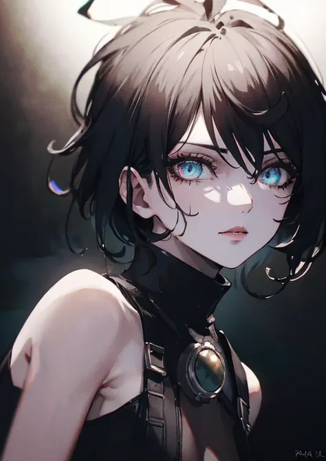 a girl with short hair, beautiful detailed eyes, beautiful detailed lips, extremely detailed face, longeyelashes, cute expression, city background, neon lights, cyberpunk aesthetic, dark color scheme, moody lighting, dramatic atmosphere, (best quality,4k,8...