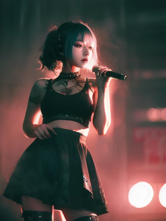  DIESEL PUNK ,  Atmospheric volumetric fog , masterpiece,  illustrations,  top quality , 8k,  high definition ,  wallpaper,  cinematic lighting ,  sharp concentration ,  complicated、 1 Japanese Woman、Goth Makeup、 Big Breasts 、 skirt、 holding a microphone 