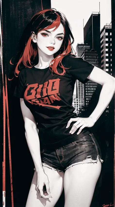 Black hair with red streaks, t shirt, shorts, city night ,sharp lines, vivid colors, high contrast,bad girl, smirk