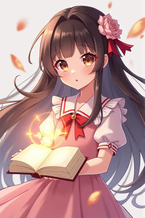 make a genshin impact character who has a geo vision showing, wielding a floating magical book on my hand, wearing a cute aesthetic baby pink dress, a girl with long dark brown hair with no bangs, dark brown eyes, fair skin.