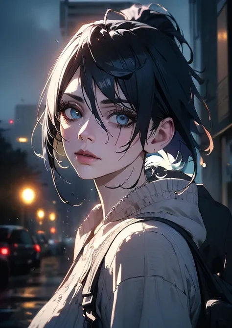 a girl with short hair, beautiful detailed eyes, beautiful detailed lips, extremely detailed face, longeyelashes, cute expression, city background, neon lights, cyberpunk aesthetic, dark color scheme, moody lighting, dramatic atmosphere, (best quality,4k,8...