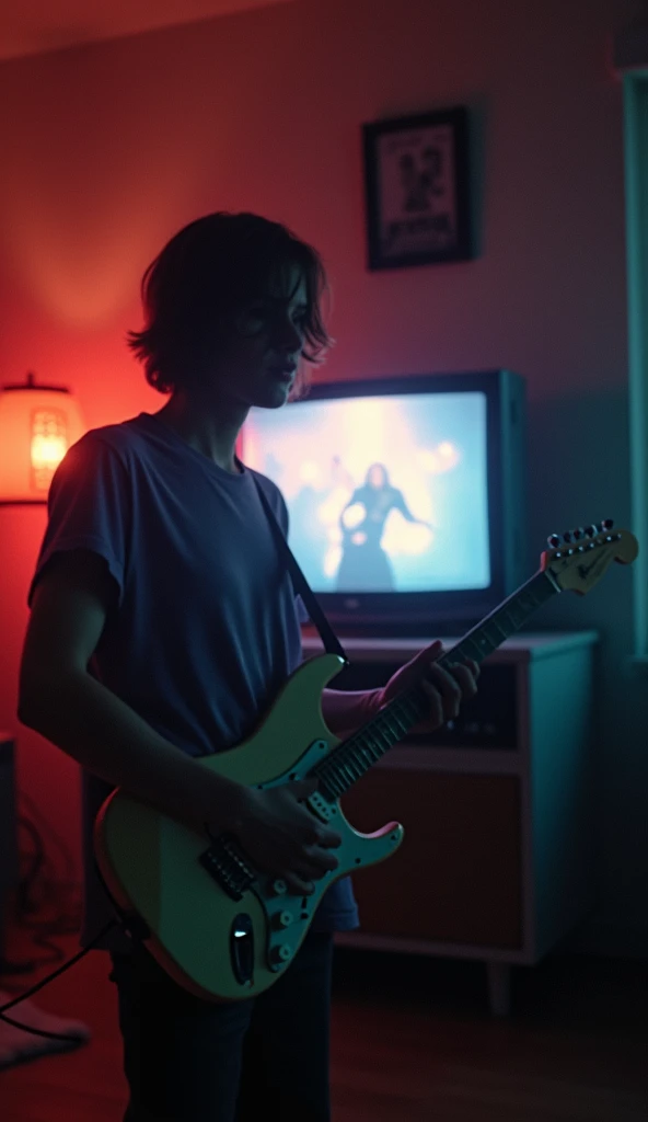 create a hyper-realistic and cinematic shot with layered composition. In the foreground, a person holding an electric guitar is slightly out of focus, occupying the bottom of the frame. In the background, an old CRT television glows brightly, playing a Nir...