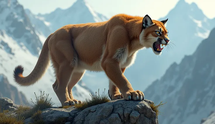 Wolverine Marvel in a fused suit with a mountain lion on a mountain, ultra realistic and professional images  