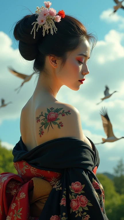 Realistic photography, a beautiful geisha woman, wearing a seductive in a black kimono with sakura tattoo, and open back and her shoulders, deep neck, revealing her smooth skin. While cranes fly gracefully in the background. The sky is a vibrant blue with ...