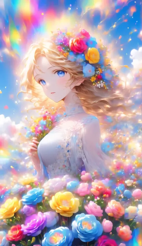 Score 9 Up,Score 8 Up,Score 7 Up,(Best Quality),((Masterpiece)),Anime, "A pretty girl, dressed in gorgeous clothing, is sitting in a vast flower field. She is holding a colorful bouquet, and in the background is a blue sky with floating white clouds." Blue...