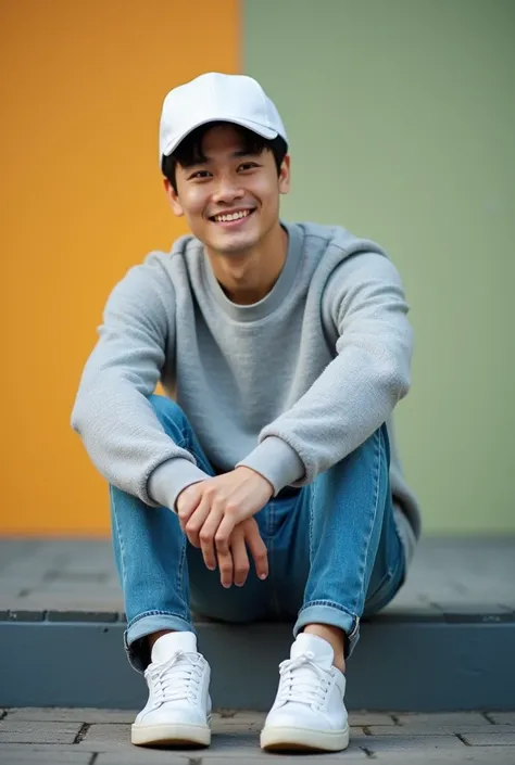  a 30-year-old Korean man with a slight smile , wearing a white truckersnap hat,  wears ash sweater wear blue jeans wear white sports shoes, sitting pose ,  background colorful wall color , image taken from the top corner of the camera , color tones 