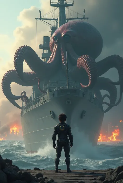 city on fire, An 18 year old boy,  is aboard a destroyer ,  dressed in black electronic armor,  confronts a sea monster , a giant mutant octopus 