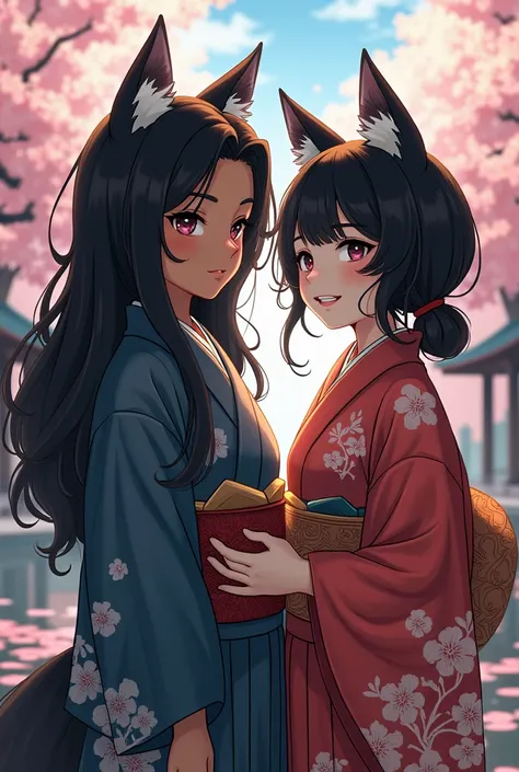  A fair-skinned black boy with dark eyes and long wavy hair/Curly and one with straight black hair and fox ears in a kimono